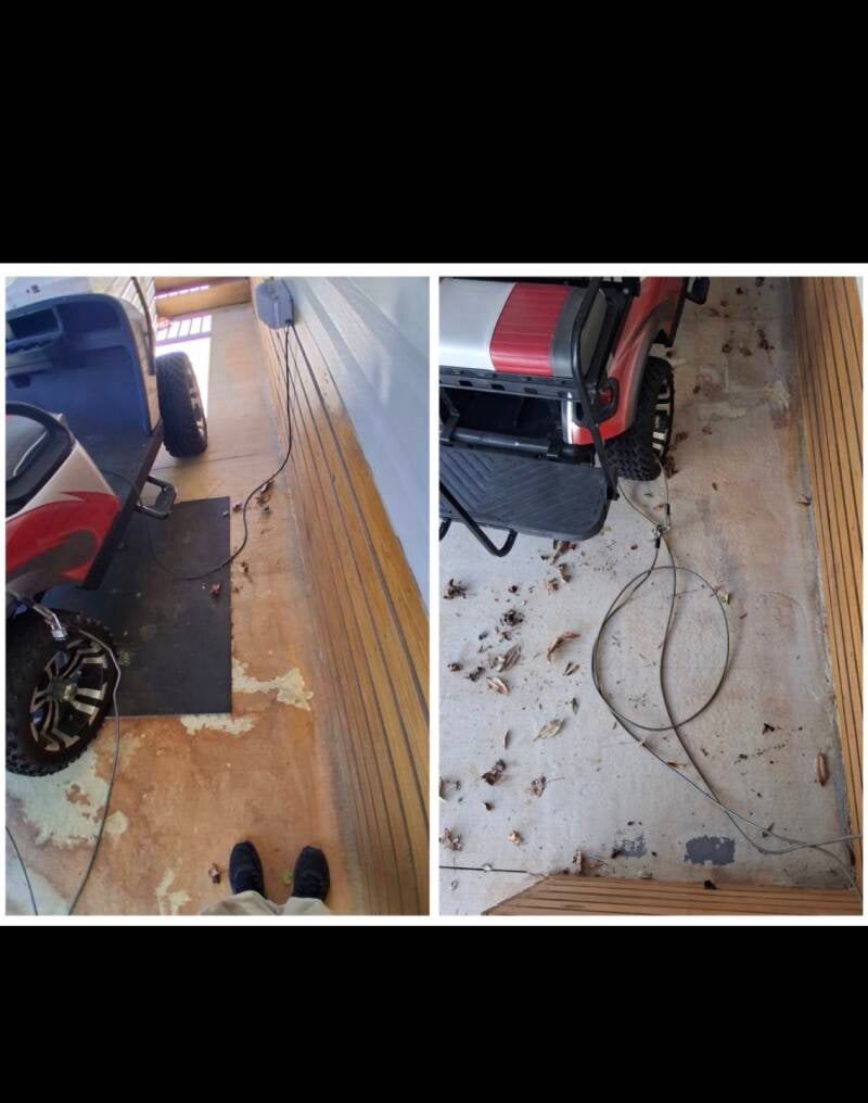 Before and after battery acid stain removal on a golf cart charging pad by Emerald Green Pressure and Soft Wash, Myrtle Beach, SC