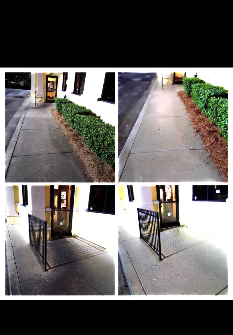 Before and after collage of a cleaned concrete sidewalk beside a hedge and a gated storefront entry, Myrtle Beach, SC