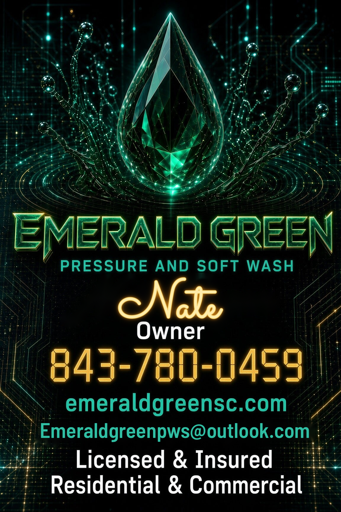 Emerald Green Pressure and Soft Wash card: Nate, owner, 843-780-0459, Emeraldgreenpws@outlook.com