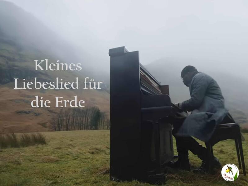 Ein Mann sitzt am Klavier mitten in einer nebligen, bergigen Landschaft, dazu der Titel: Kleines Liebeslied für die Erde, von Degriesch