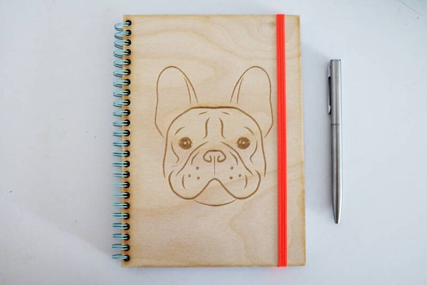 Wooden A5 notebook engraved with French Bulldog dog head