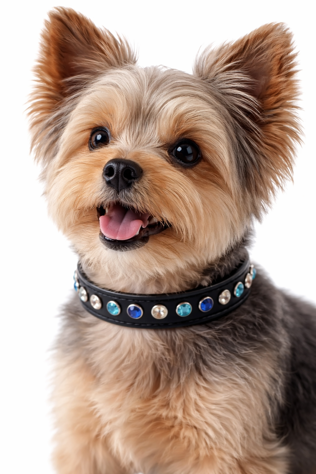 Zwart leren halsband met blauwe steentjes