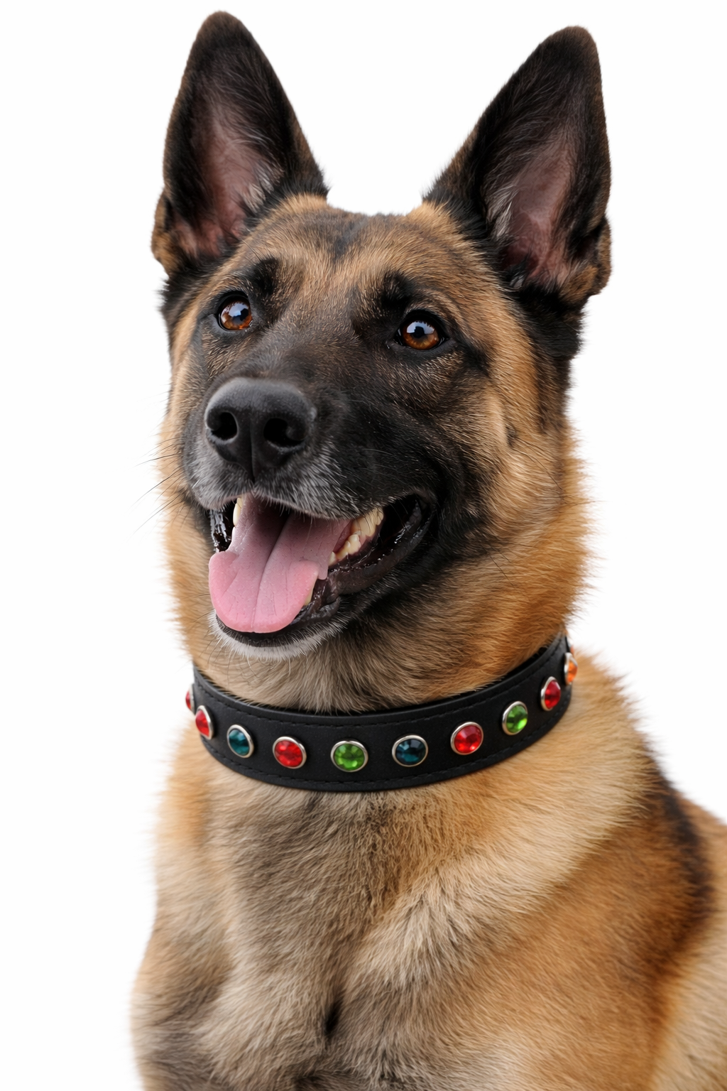 Zwart leren halsband met groen en rode steentjes