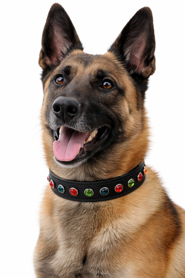 Zwart leren halsband met groen en rode steentjes
