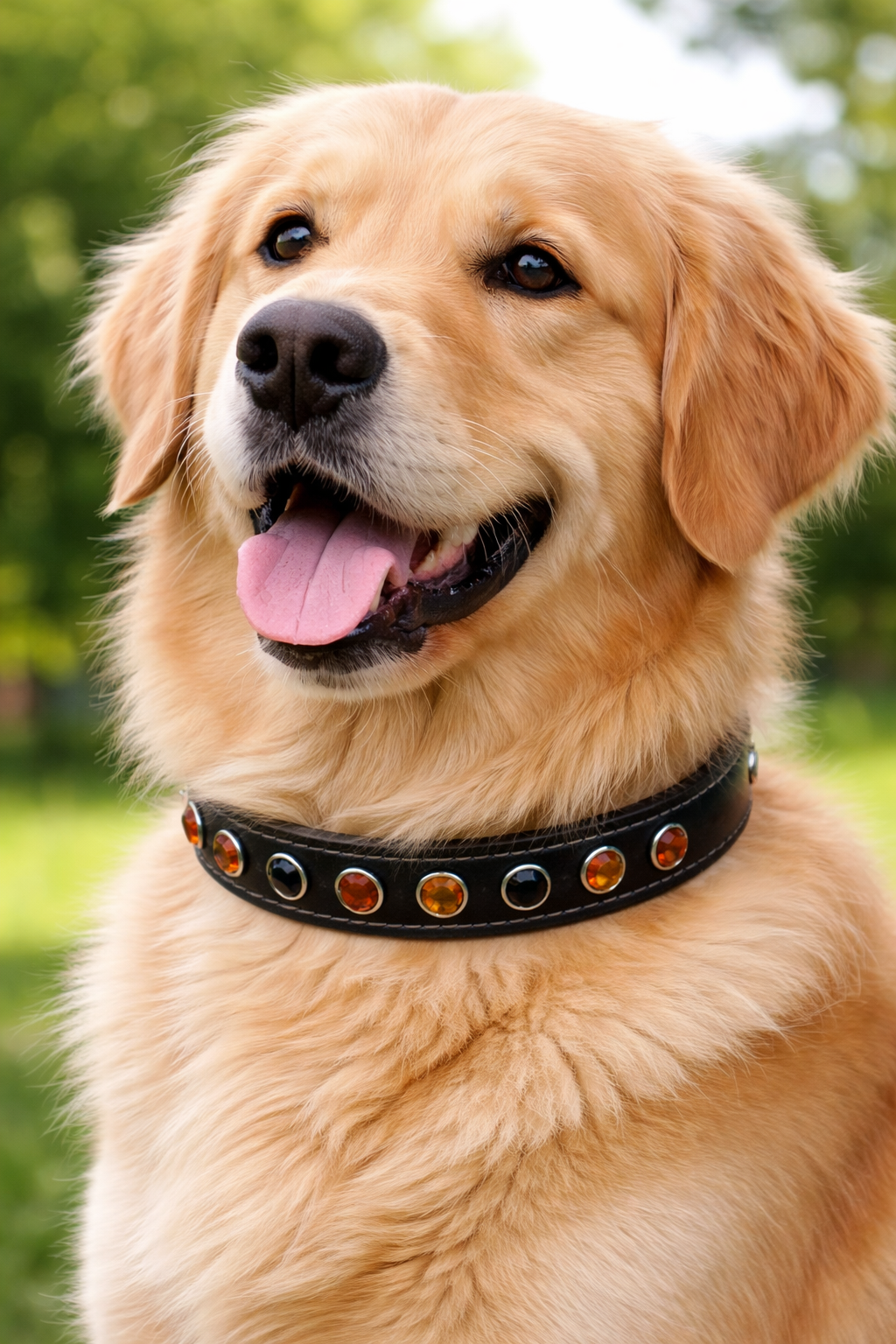 Zwart leren halsband met bruine en roze steentjes