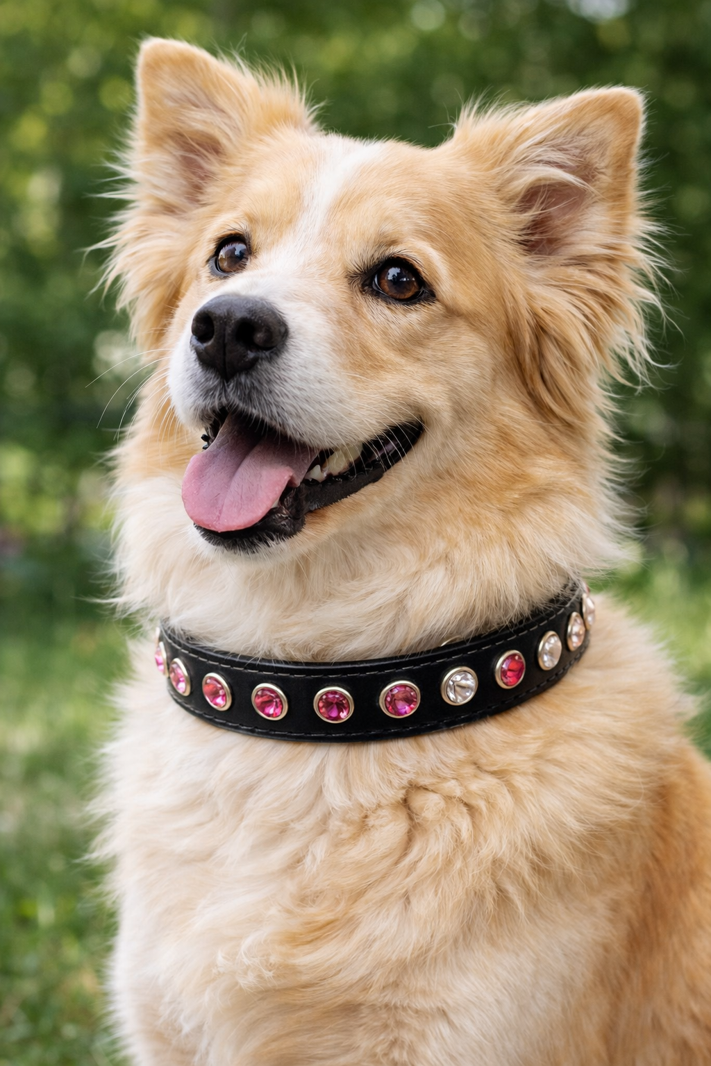 Zwart leren halsband met roze steentjes