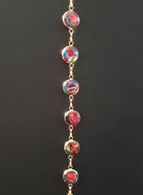 Adjustable gold-coloured charm-style chain bracelet with 6 unique Multi-coloured stones Product # ArmGCSM6cab1