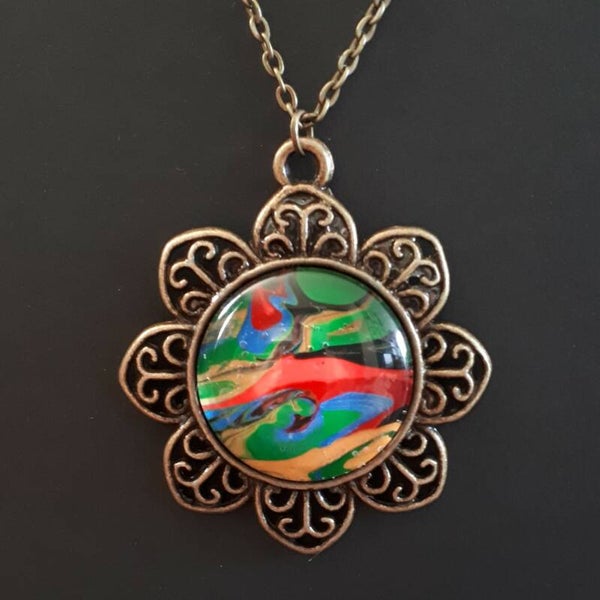 Unique Multi-coloured stone in round Tibetan-style necklace hanger (with FREE chain) Product # BCMMTcab1