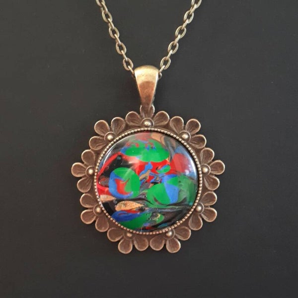 Unique Multi-coloured stone in round Tibetan-style necklace hanger (with FREE chain) Product # BCMMTcab2