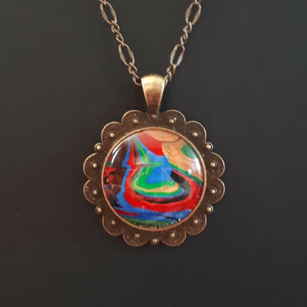 Unique Multi-coloured stone in round Tibetan-style necklace hanger (with FREE chain) Product # BCMMTcab3