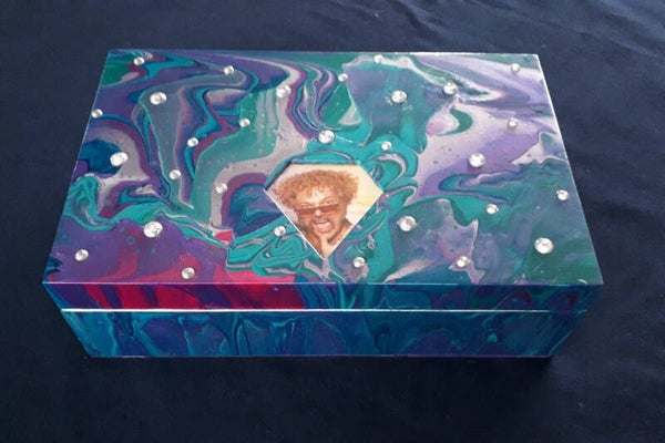 Easy to personalize blue and purple "bling bling" jewelry box with mirror.