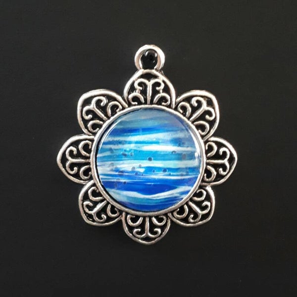 Unique White Water-coloured stone in round Tibetan-style necklace hanger (with FREE chain) Product # SCLWWTcab1