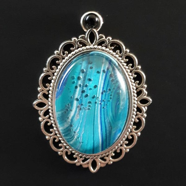 Unique White Water-colored stone in intricate amulet-style oval necklace hanger (with FREE chain) Product # SOMWWTcab1