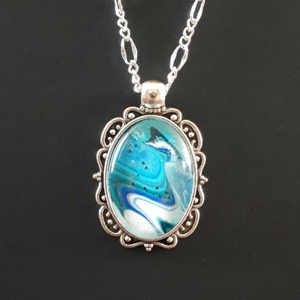 Unique White Water-colored stone in intricate one-of-a-kind oval necklace hanger (with FREE chain) Product # SOSWWTcab1