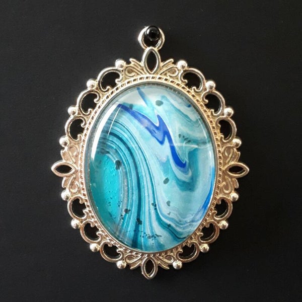 Unique White Water-colored stone in large Tibetan-style oval necklace hanger (with FREE chain) Product #SOXWWTcab1