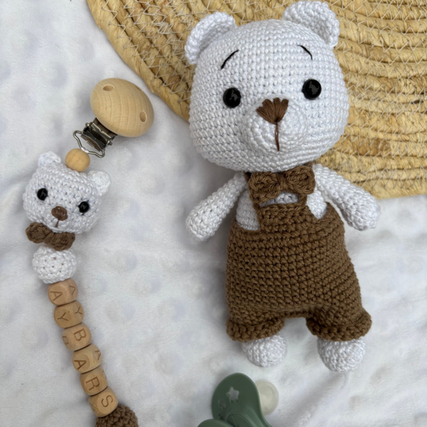 Peluche et attache tétine ours blanc