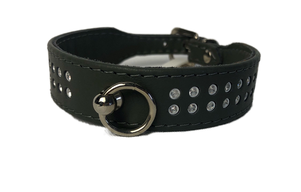 Leren halsband met strass - donkergrijs