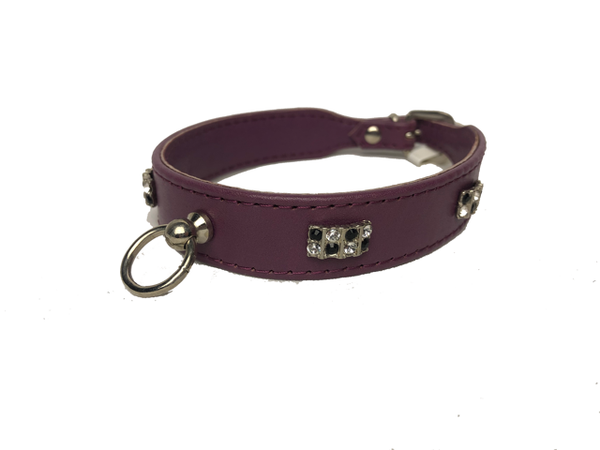 leren halsband met strass zwart/zilver - paars