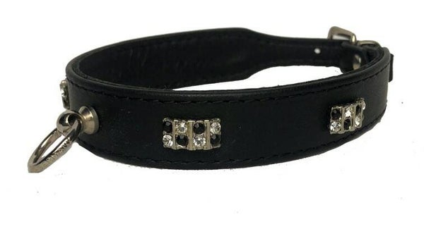 leren halsband met strass zwart/zilver - zwart