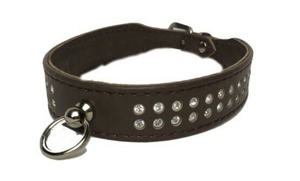Leren halsband met strass - bruin