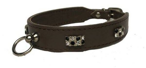 leren halsband met strass zwart/zilver - bruin