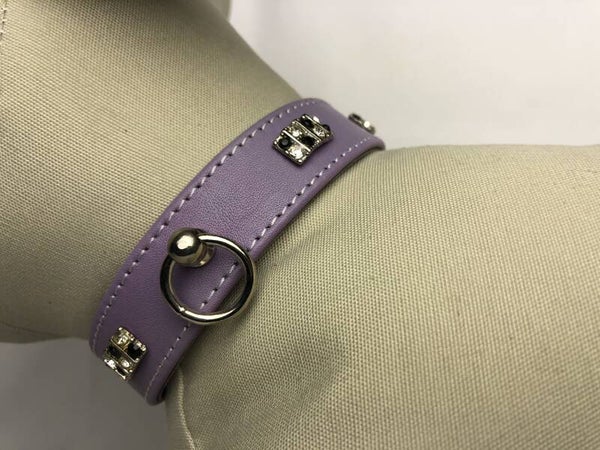 Leren halsband strass zwart/zilver - lila