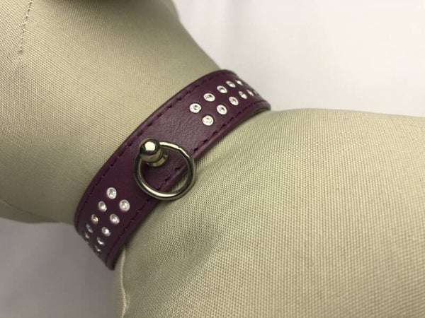 Leren halsband met strass - paars