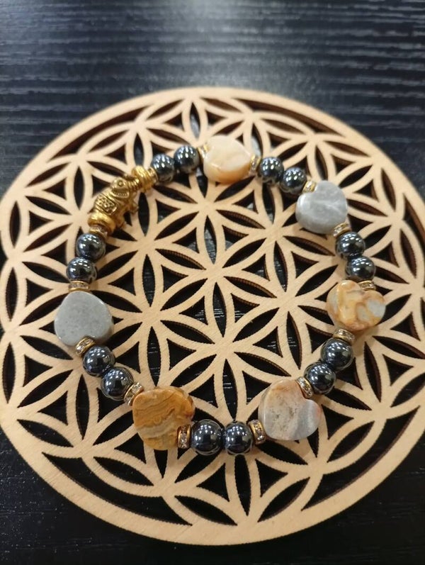 ✨ Bracelet Agate Crazy Lace (cœur) – Hématite ✨