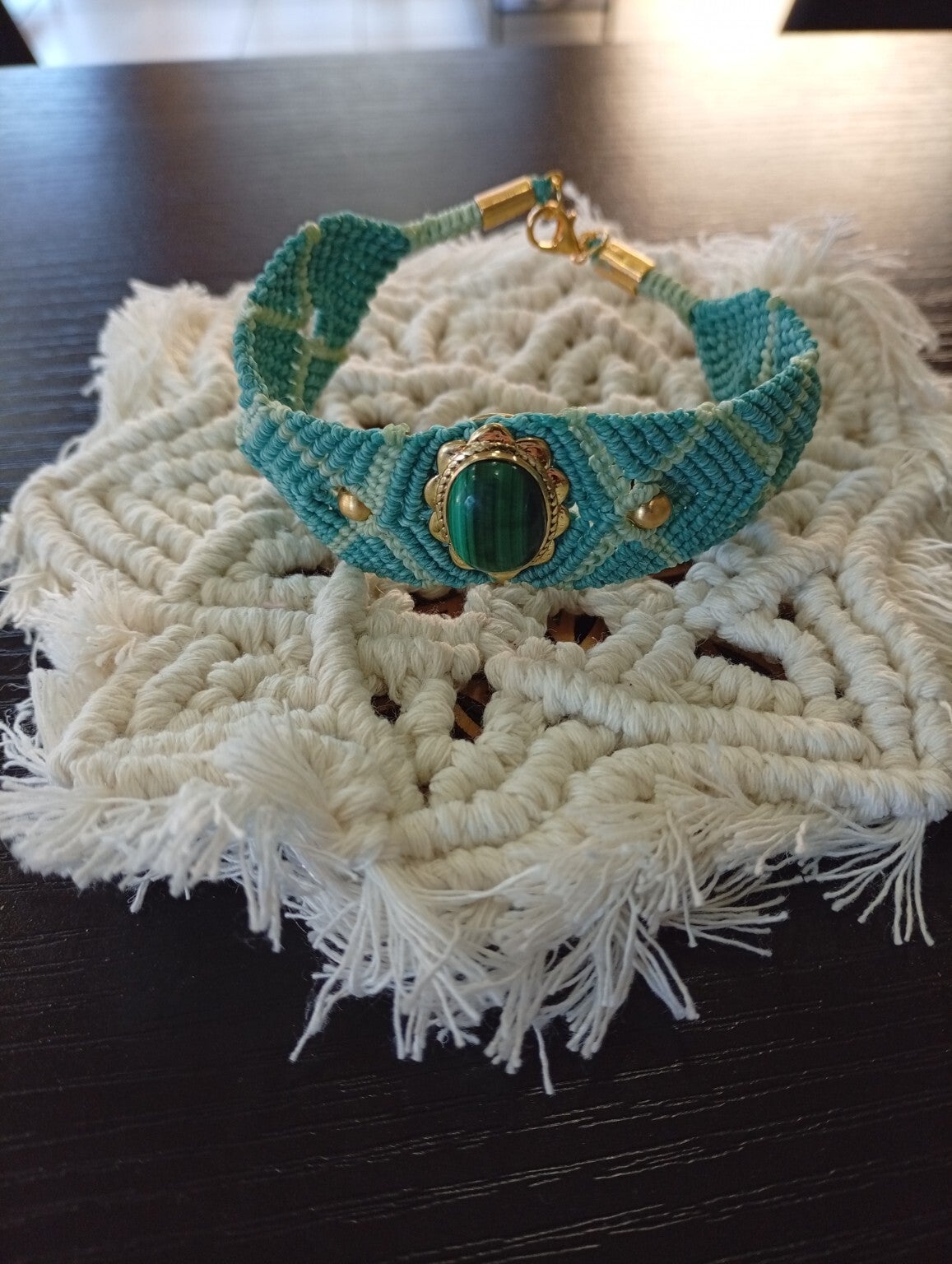 🌿 Bracelet micro-macramé & Malachite rainurée 🌿