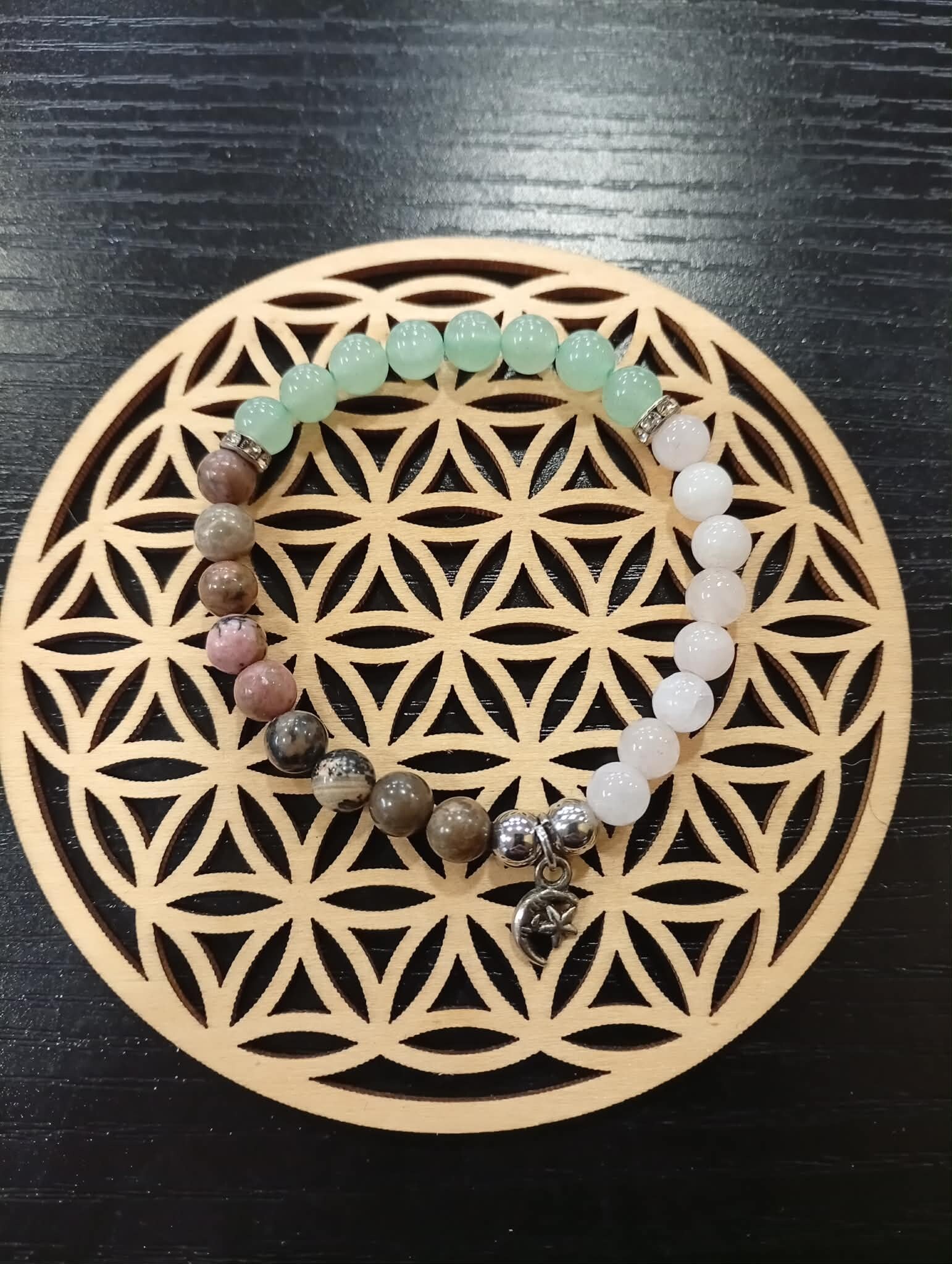 ✨ Bracelet Rhodonite Striée Noire – Aventurine Verte – Pierre de Lune ✨  Émotion – Cœur – Douceur intuitive