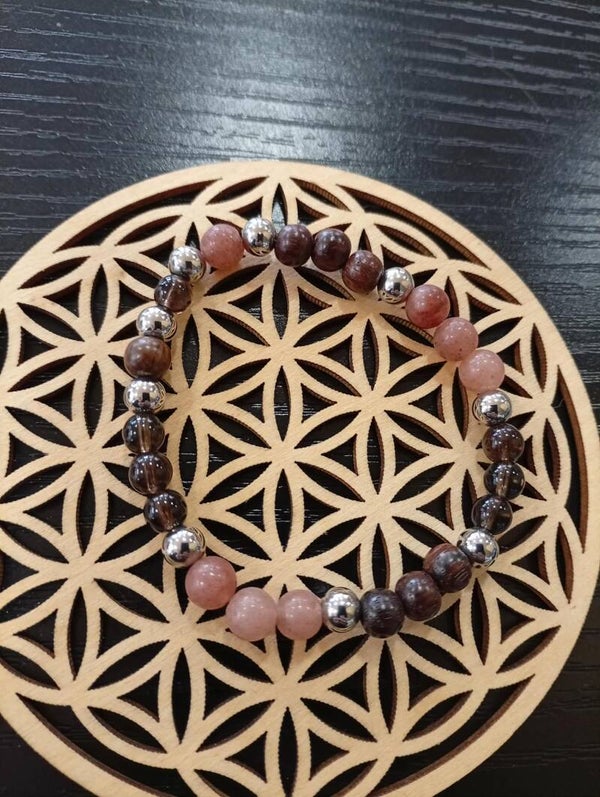 Bracelet Aventurine Violette, Bois de Rose & Quartz Fumé