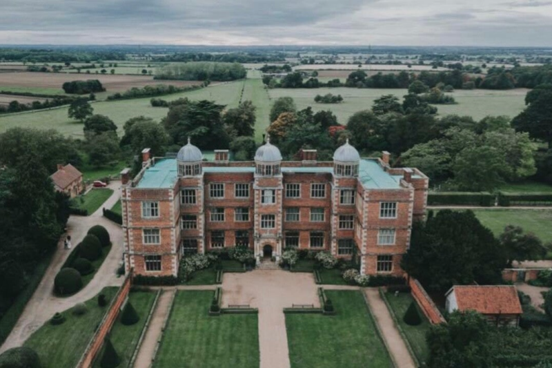 Aerial shot of doddington hall and gardens