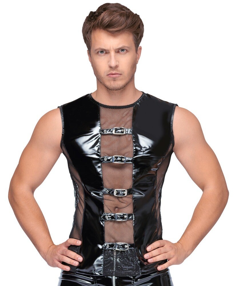Mouwloos Wetlook Shirt bi-elastisch lak mesh inzetstukken.