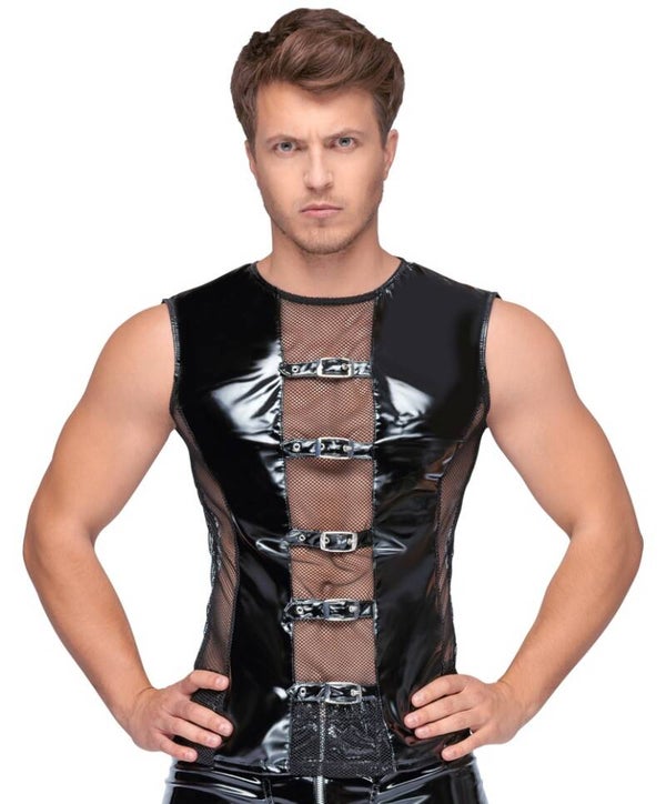 Mouwloos Wetlook Shirt bi-elastisch lak mesh inzetstukken.