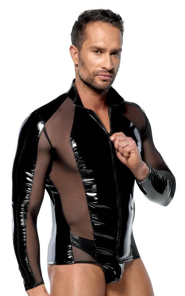 Vinyl Wetlook Zwart Shirt, Mesh inzetstukken
