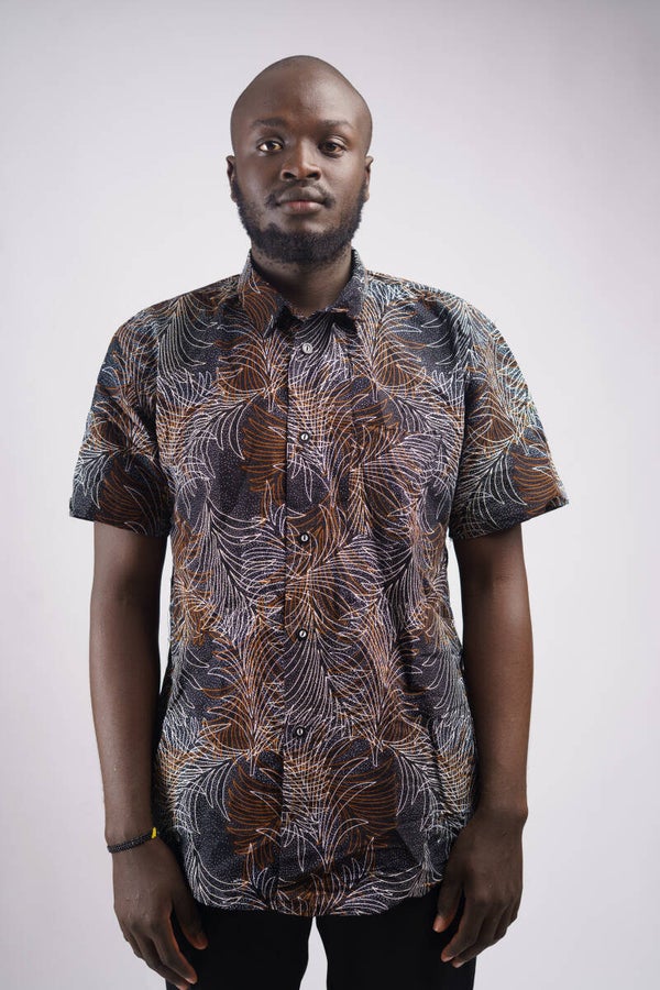 Brown & white patterns men ankara shirt