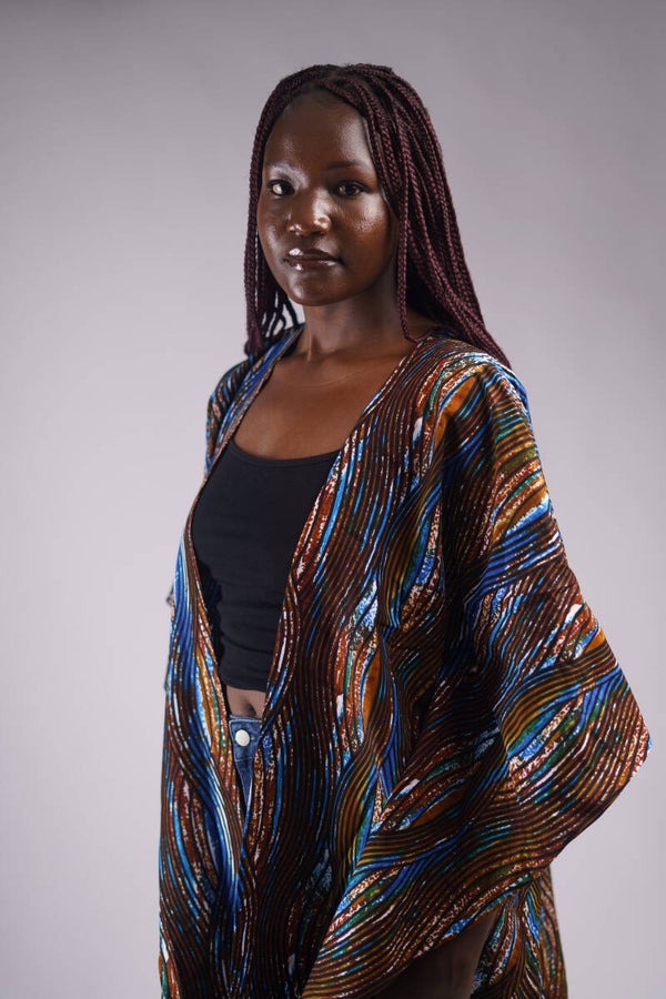 Brown & blue print poncho