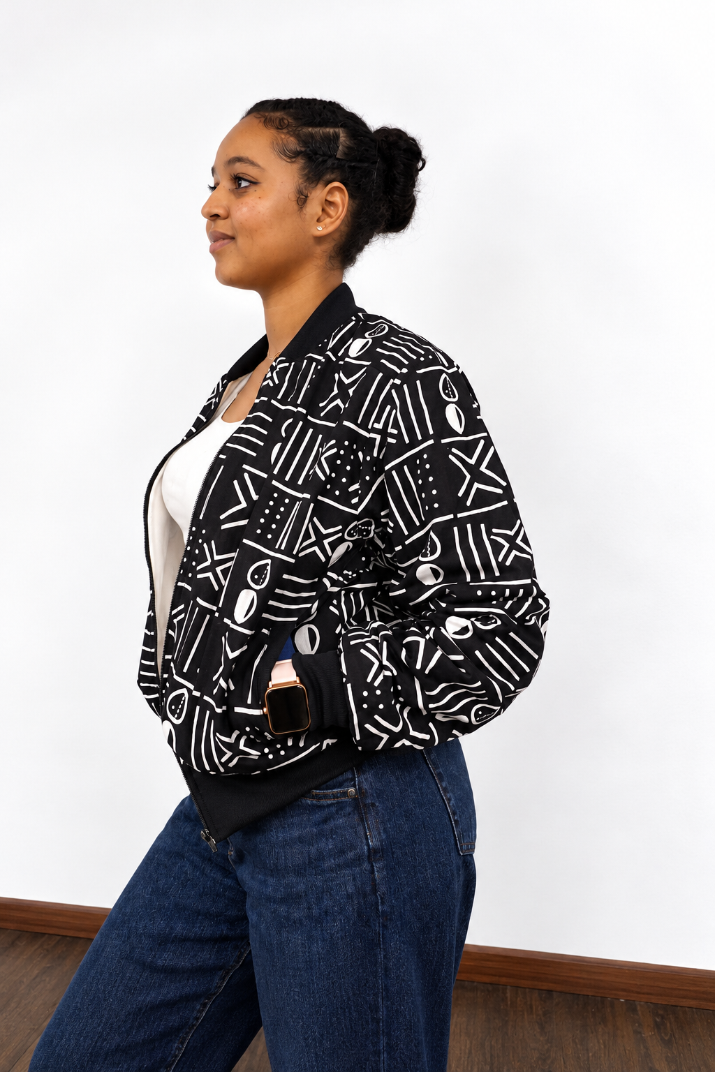 White and Black Ankara Bomba Jacket (Warm)