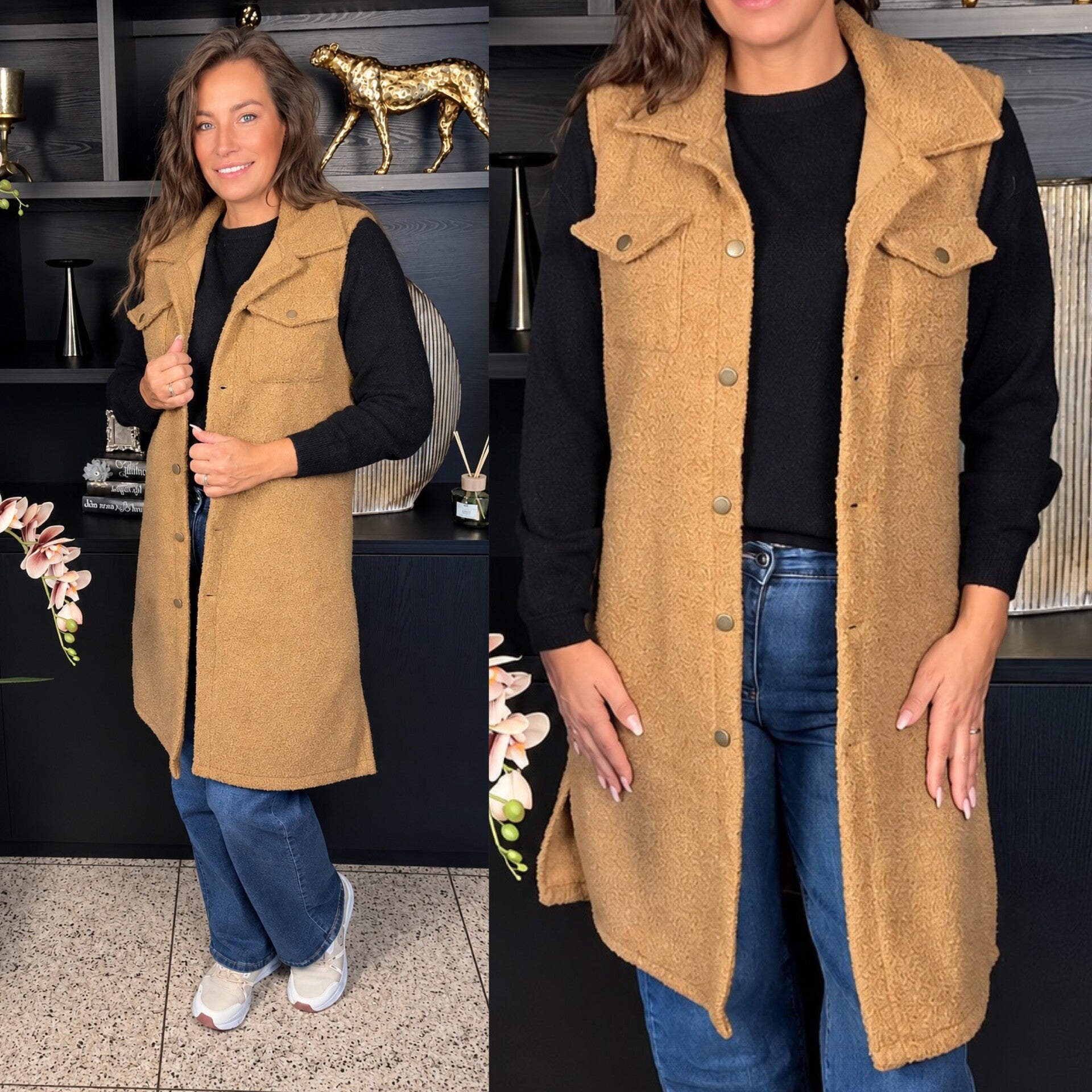 Lange teddy gilet – camel