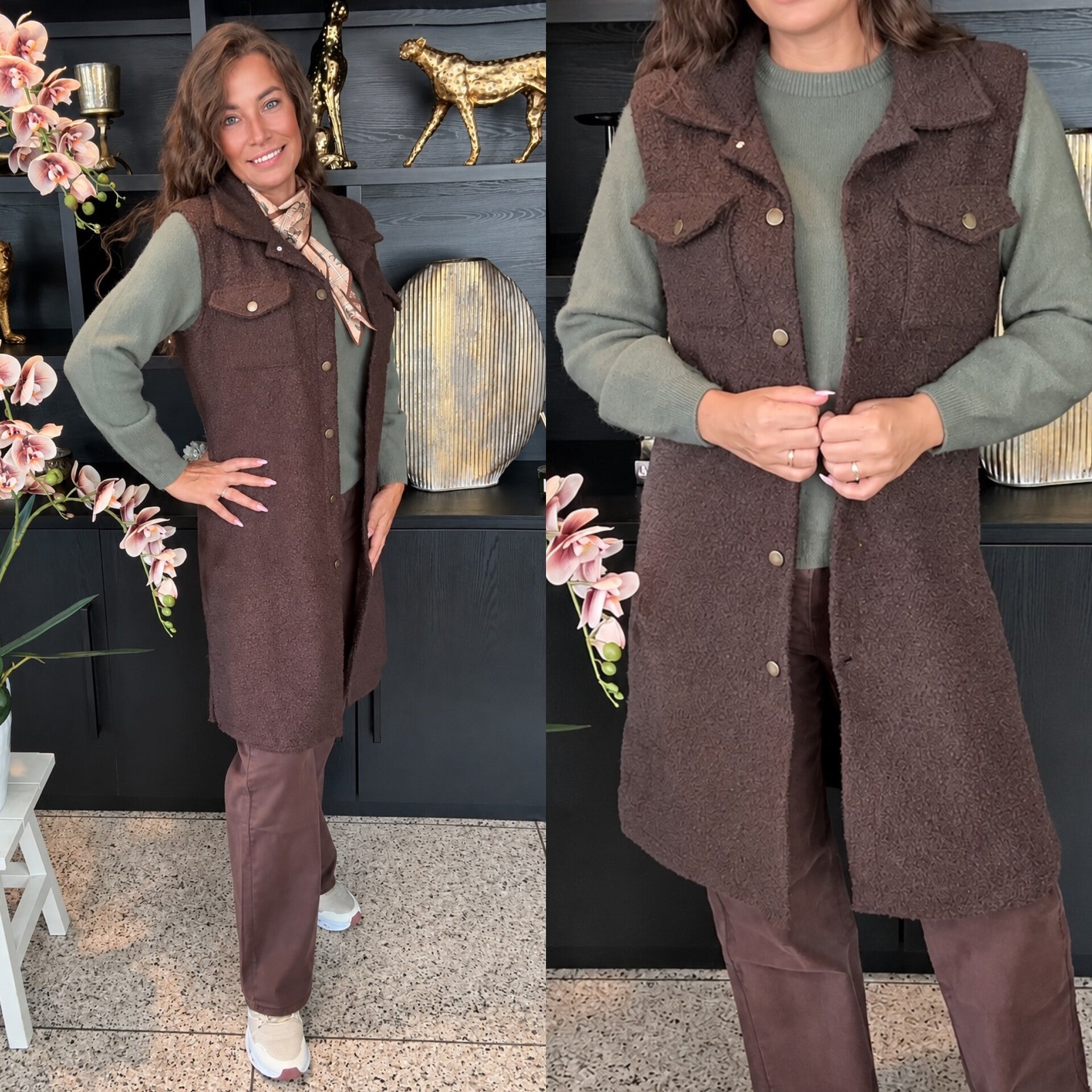 Lange teddy gilet – donkerbruin