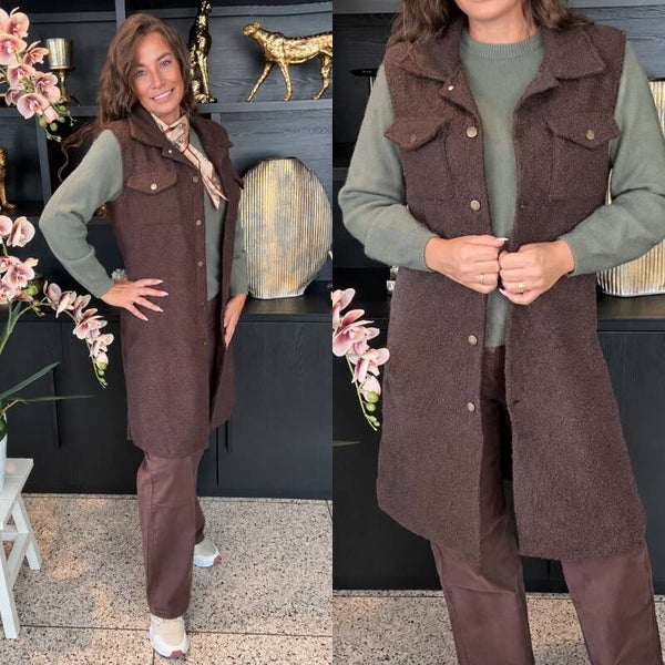 Lange teddy gilet – donkerbruin
