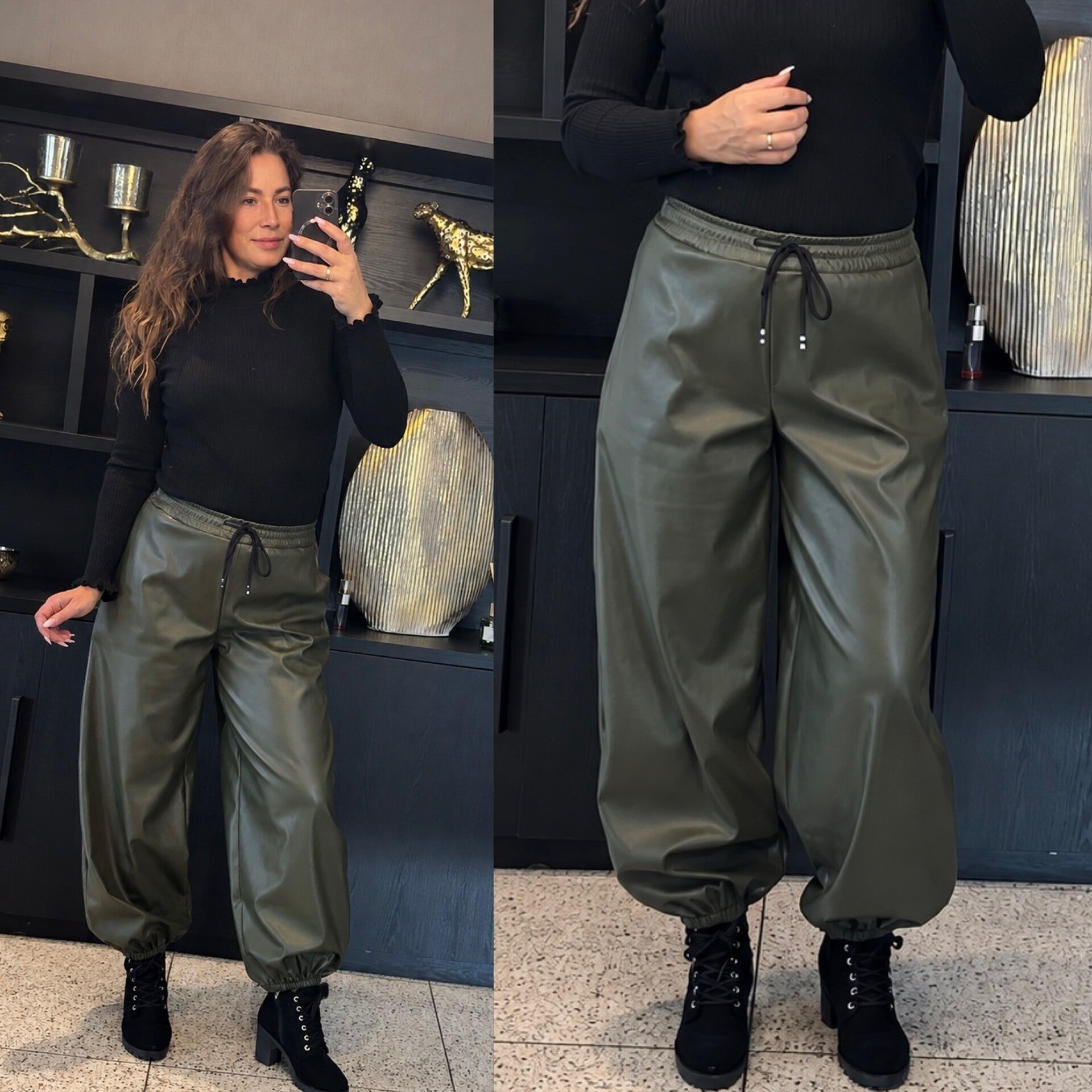 Leather Look Jogger – Khaki