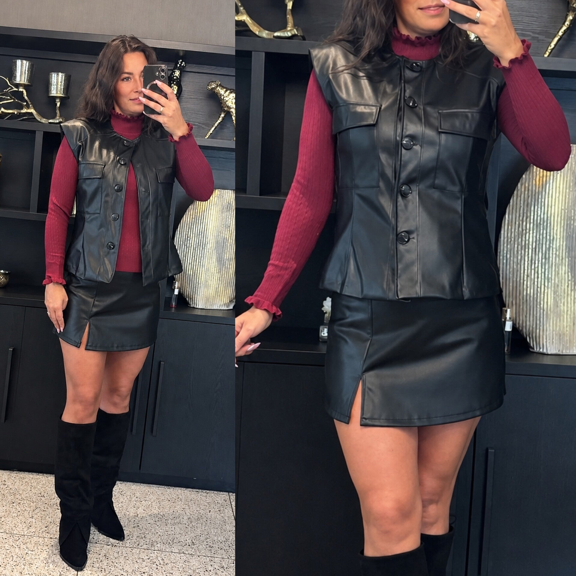 Leather Look Gilet & Broekrokje