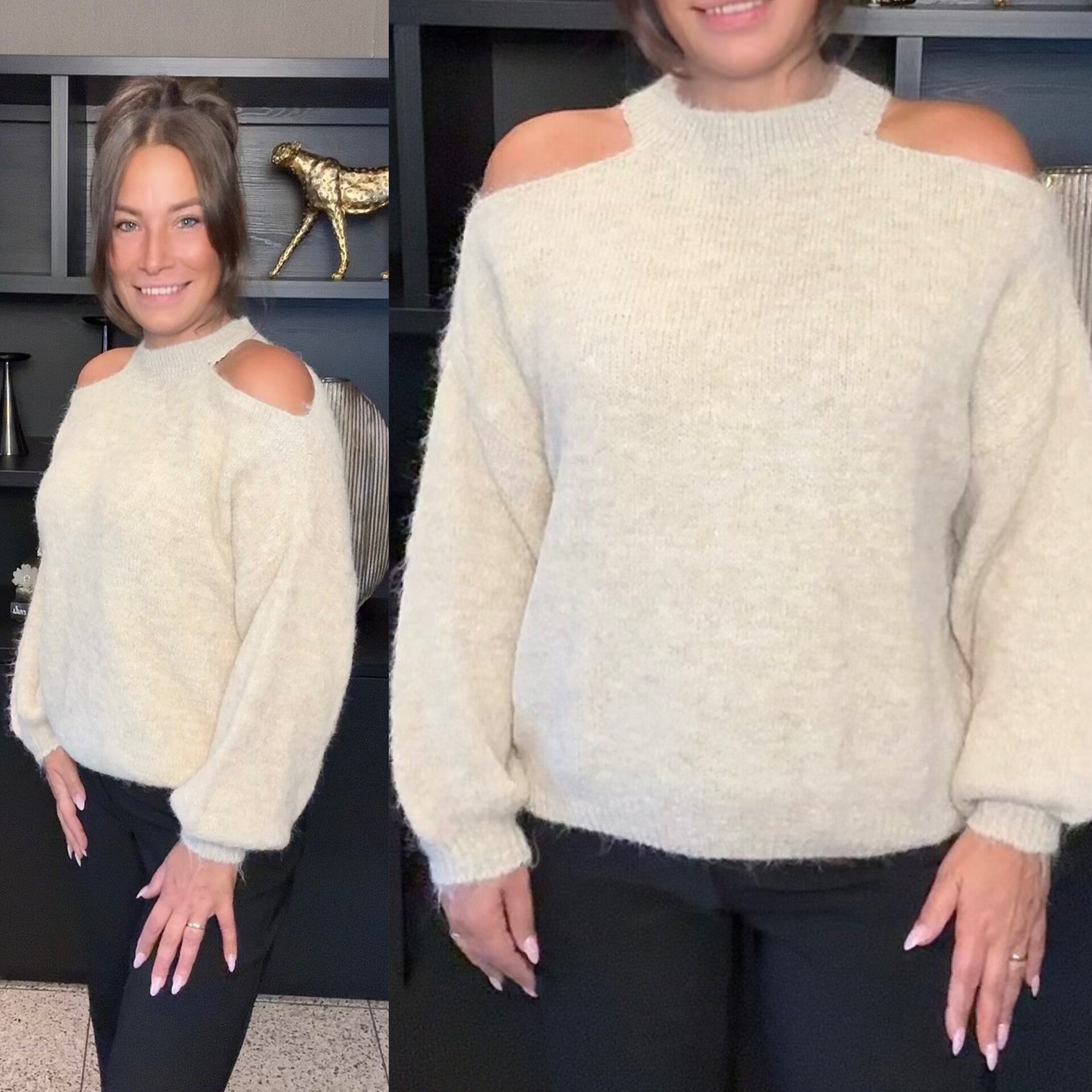 Cold Shoulder Trui – Beige/Crème