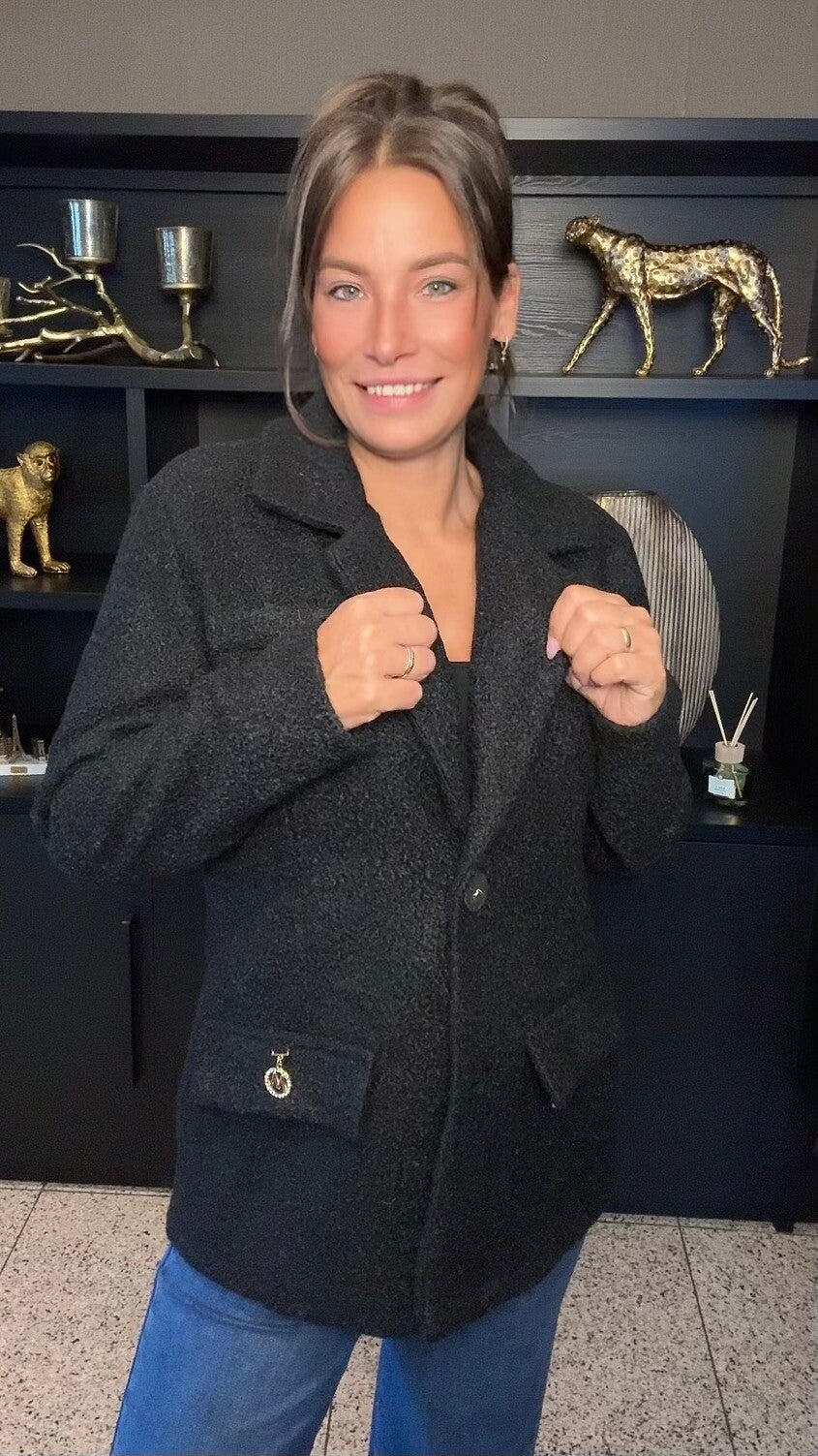 Teddy look jas – zwart