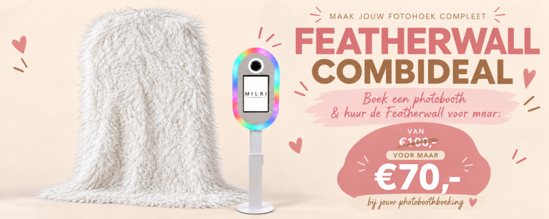 Witte featherwall met photobooth: €70 in plaats van €100 bij een photoboothboeking