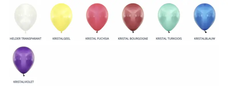 Kleurkaart met transparante kristal ballonkleuren – Milri Verhuur & Styling