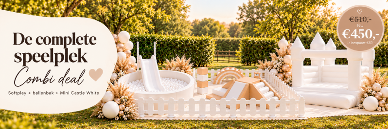 Complete combideal met softplay, witte ballenbak met glijbaan en Mini Castle White springkussen. Van €510 voor €450, met €60 voordeel.