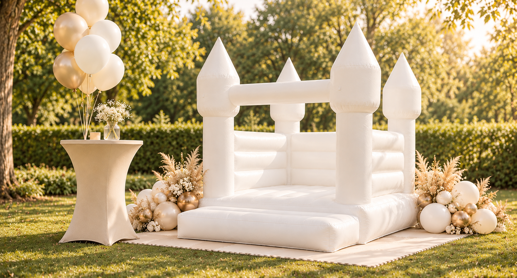 Mini Castle White springkussen met vier witte kasteeltorens, omringd door beige en witte ballondecoratie.