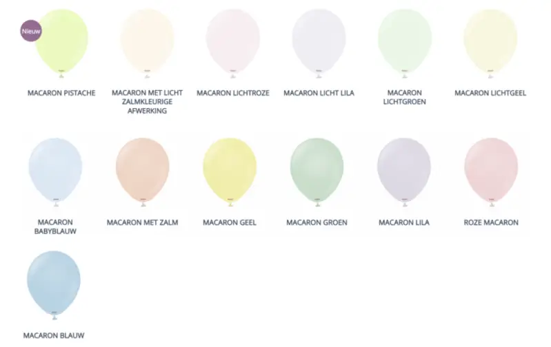 Kleurkaart met zachte macaron pastelkleuren voor ballonnen – Milri Verhuur & Styling